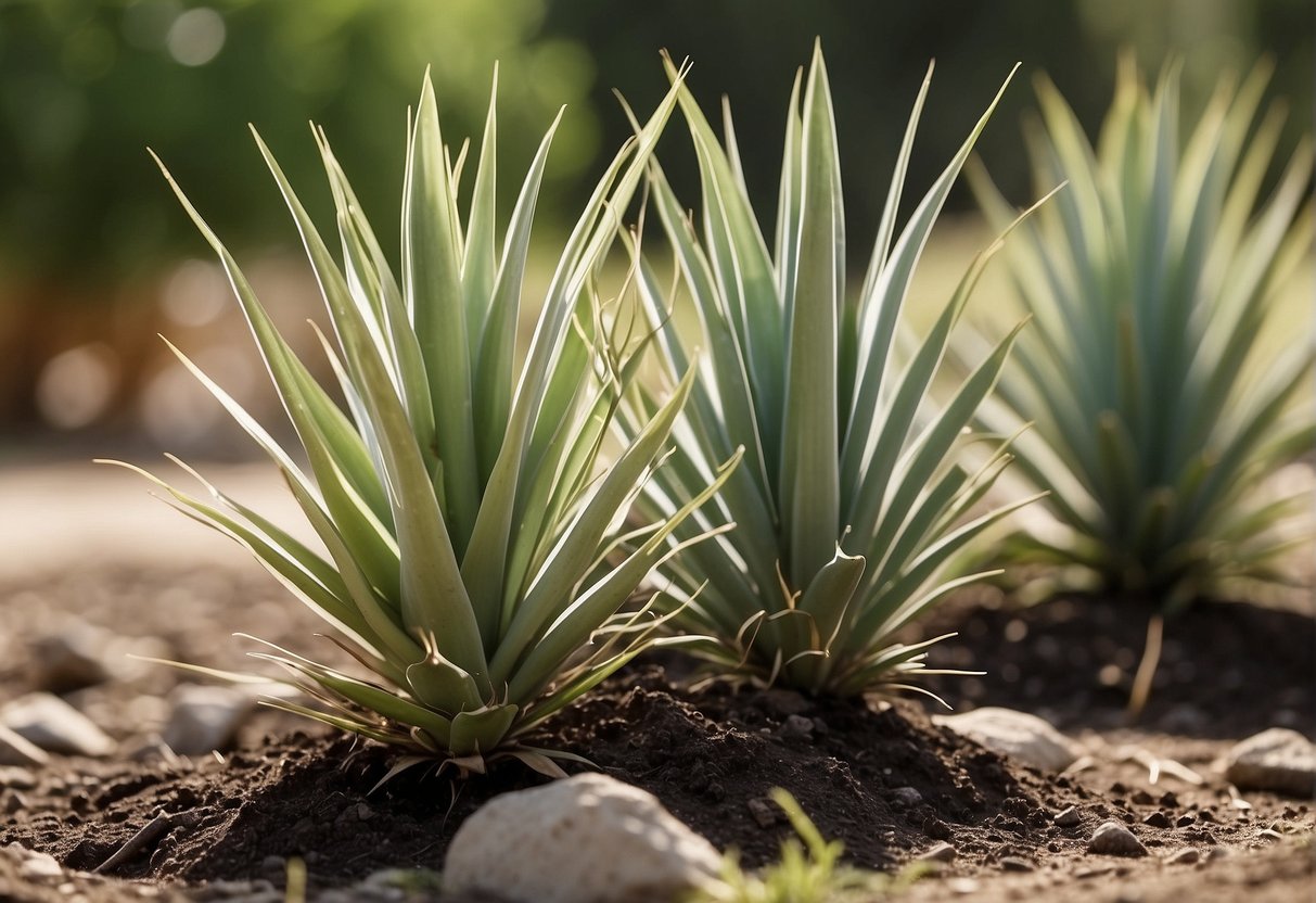 Yucca plants being uprooted and disposed of in a garden setting