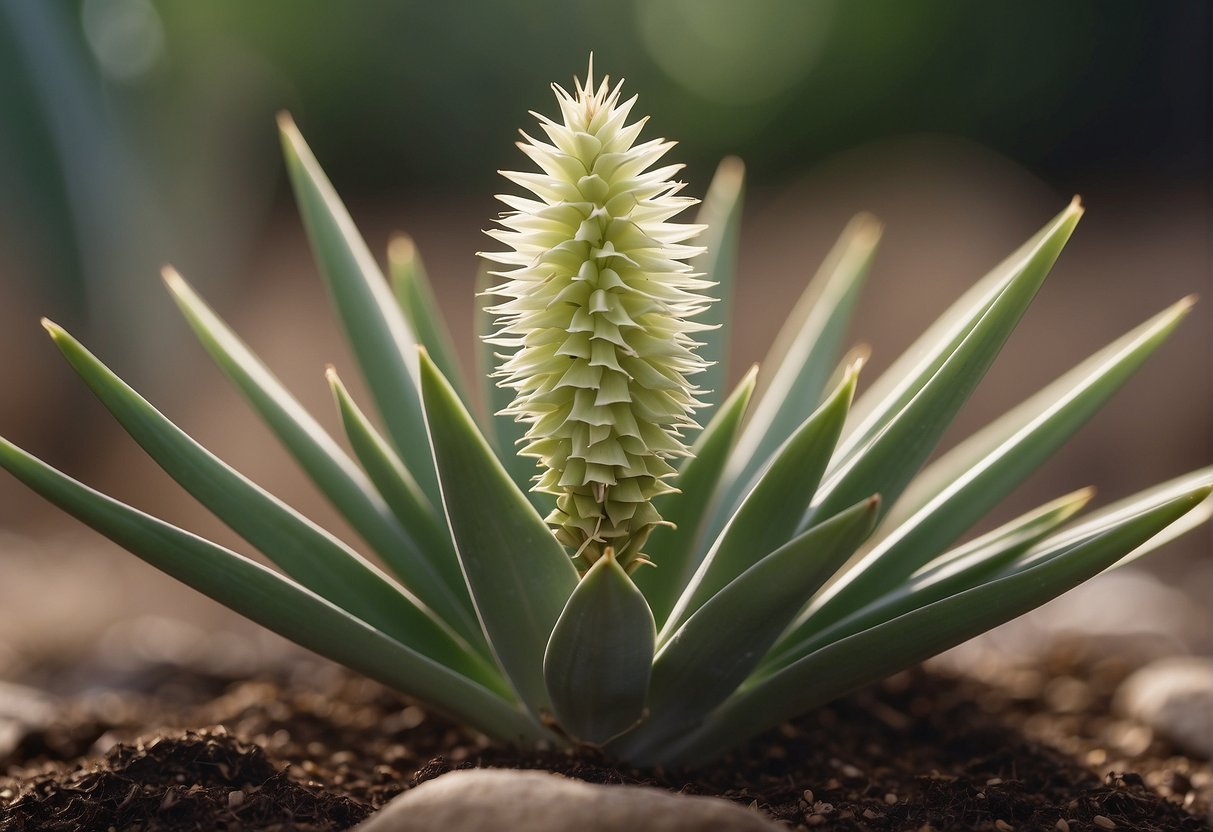 A yucca plant grows slowly from a small seed, adding only a few inches in height each year, with long, narrow leaves unfurling from the center