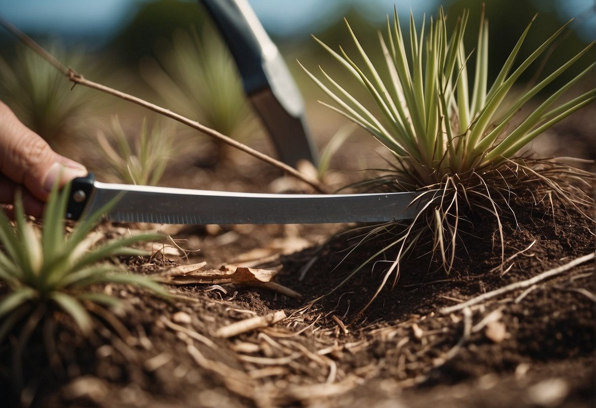 Red yucca plants being split with a sharp knife, showing clean cuts and separated roots