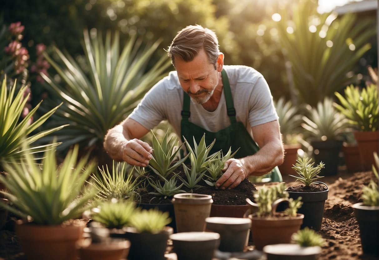 A gardener tending to yucca plants, surrounded by gardening tools, pots, and bags of soil. Sunshine filters through the leaves, highlighting the care and attention given to the plants