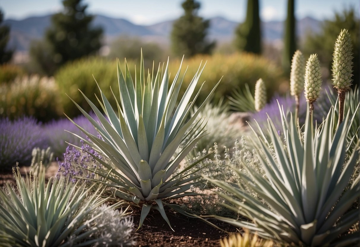 Yucca plants surrounded by compatible companions like lavender, rosemary, and agave in a well-designed garden bed