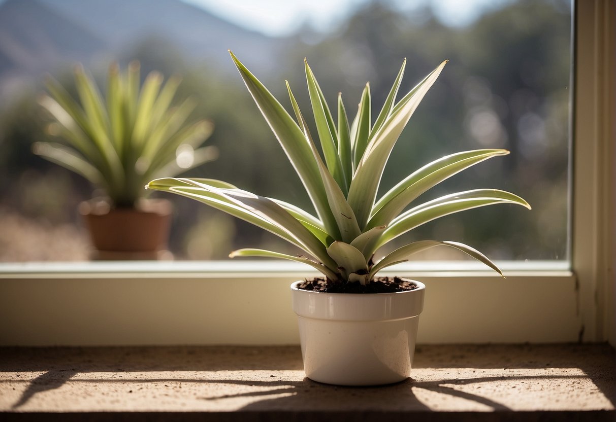 A yucca plant sits on a sunny windowsill, surrounded by well-draining soil and receiving occasional water and indirect sunlight