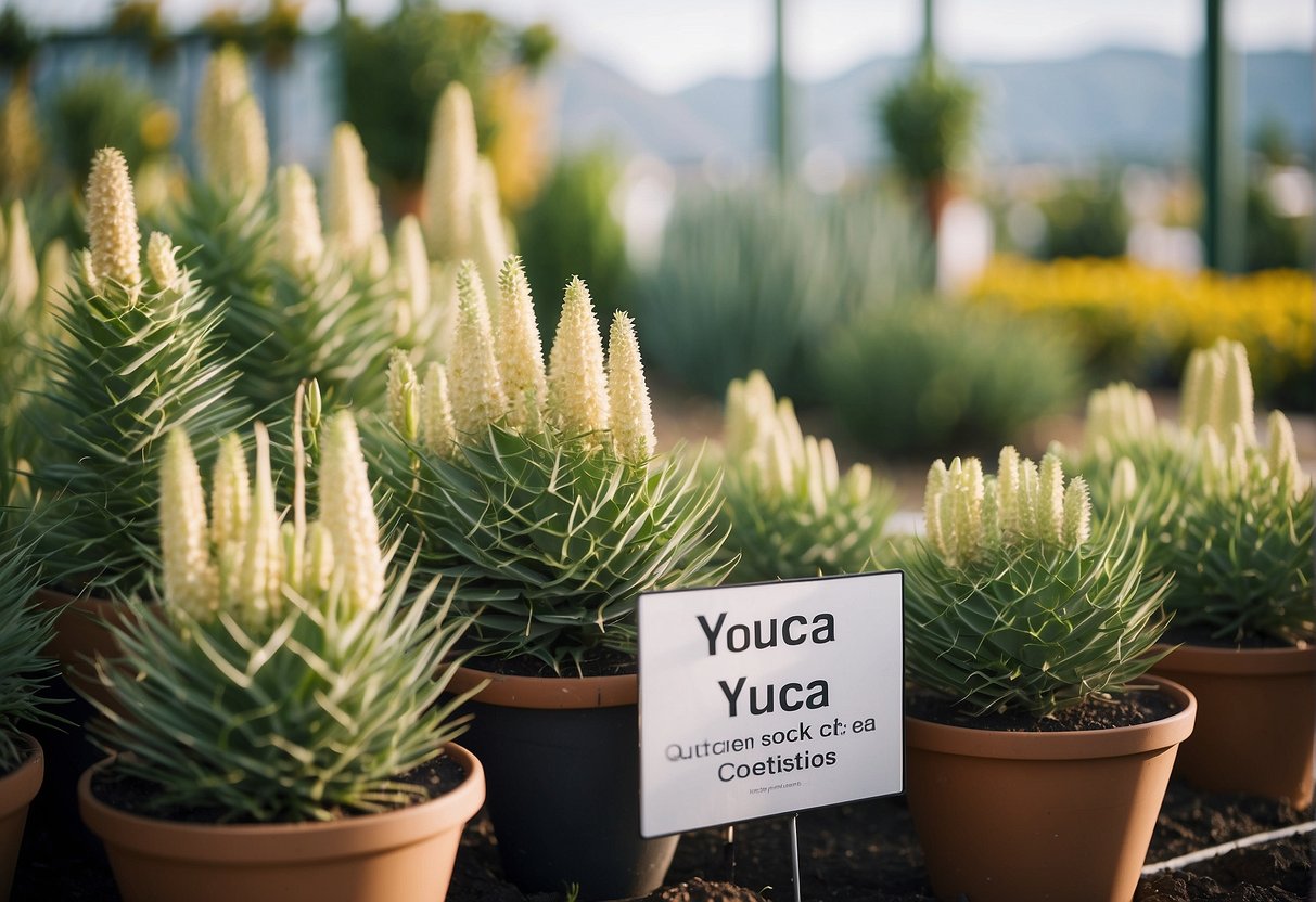 A garden center in Napa displays yucca plants with a sign "Frequently Asked Questions: Where can I buy yucca plants?"