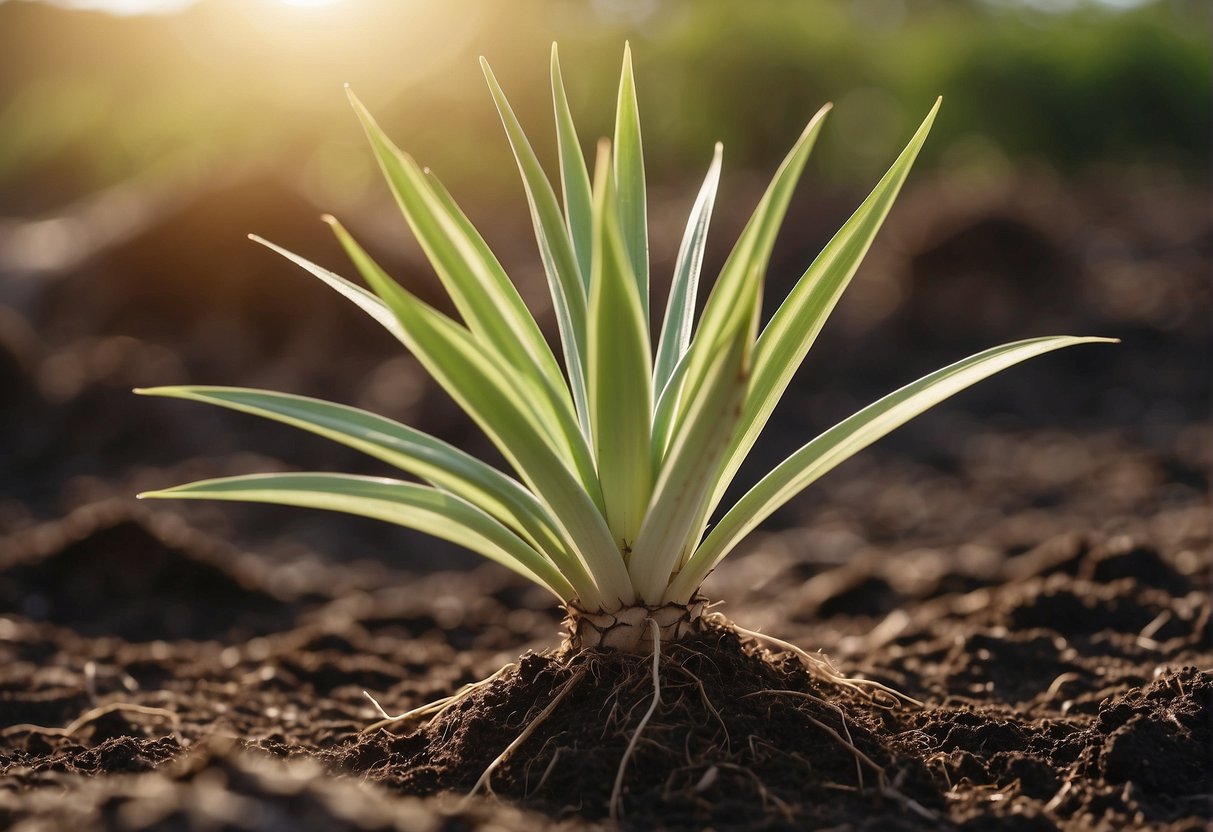 Yucca plant with roots emerging from top, reaching out and spreading across the soil