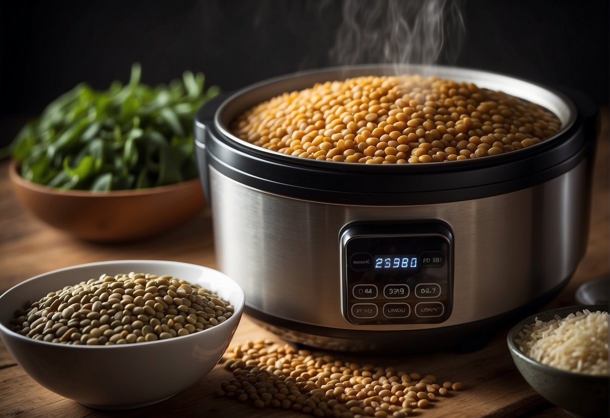 Lentils pour into a rice cooker, steam rising. Variety of lentils displayed nearby