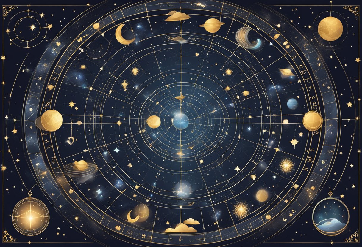 A celestial chart with zodiac symbols arranged in a circle, surrounded by hearts and stars. The constellations shine brightly against a dark, starry background