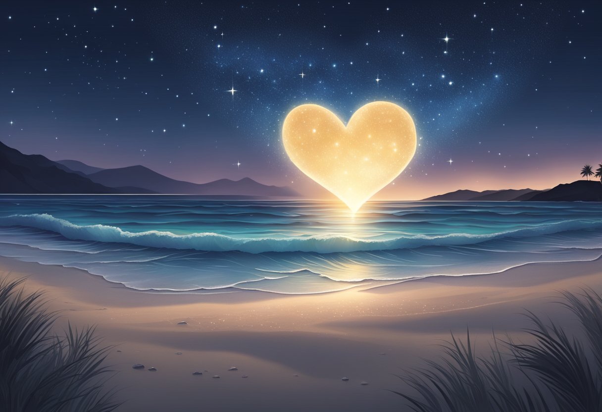 A heart-shaped constellation shines above a serene beach at midnight, while the waves gently kiss the shore