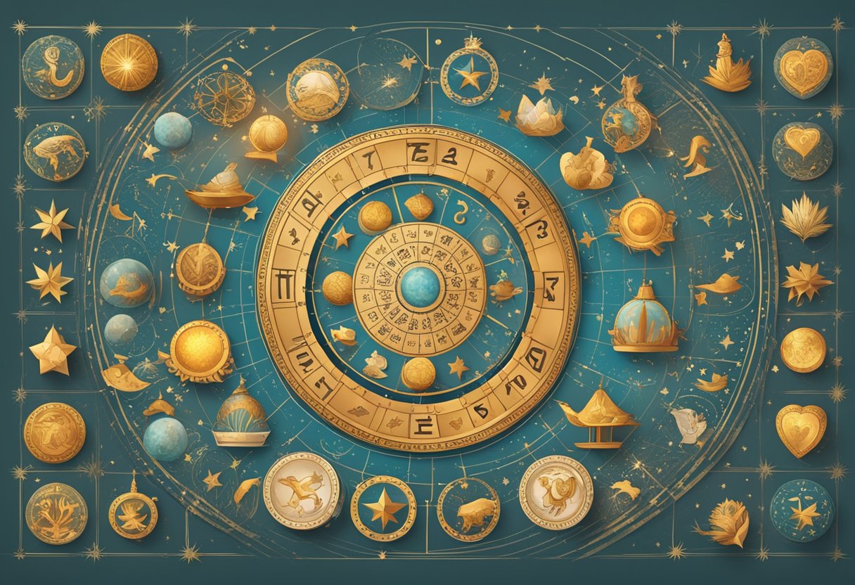 A table with 12 zodiac signs arranged in a circle, surrounded by heart-shaped symbols and celestial elements. A banner reads "Horóscopos do Amor para Cada Signo horoscopo do amor 2024."