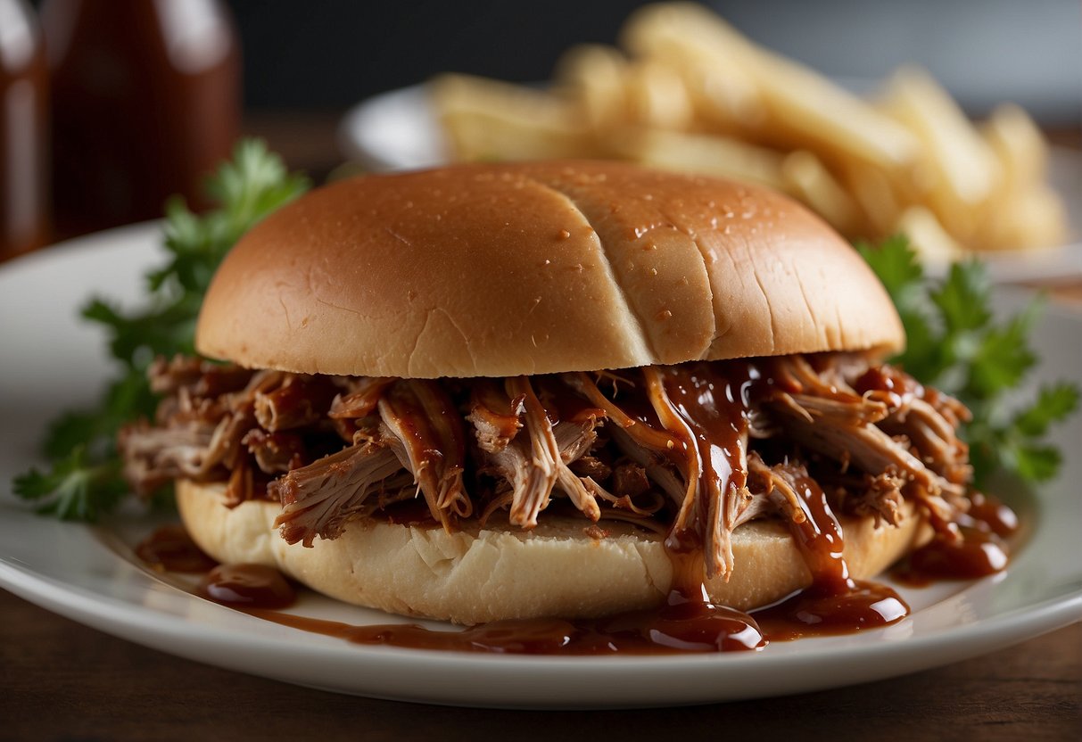 A plate of pulled pork sits on a kitchen counter, covered in a layer of BBQ sauce. The meat is still steaming, indicating its freshness