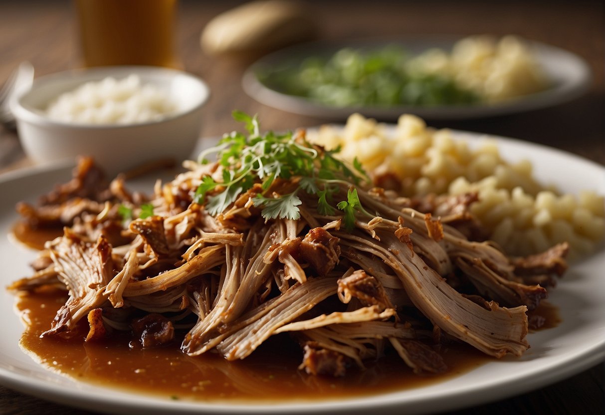 A steaming plate of pulled pork, glistening with savory sauce, sits next to a digital timer displaying the time remaining until it reaches its peak flavor and quality