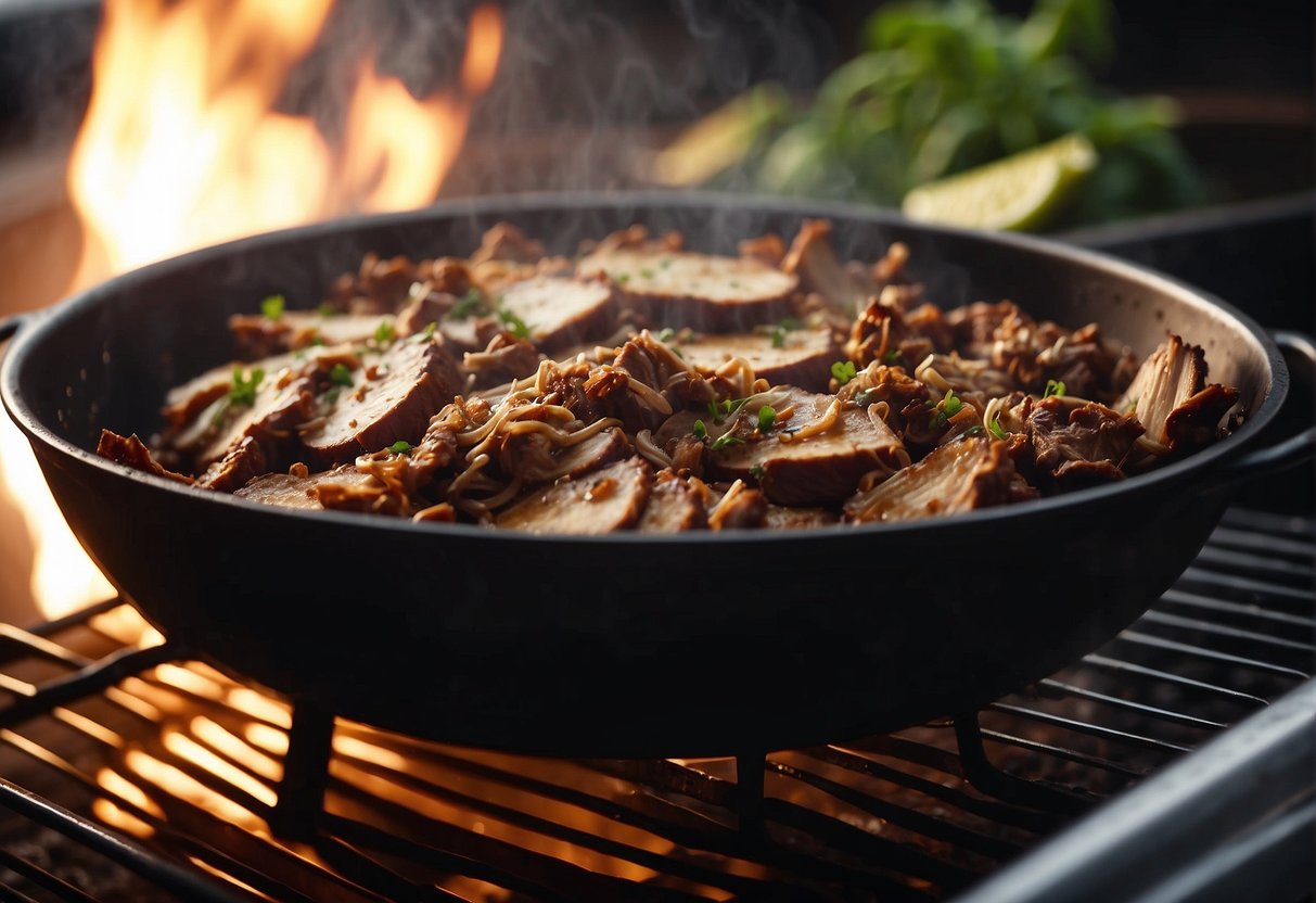 Pulled pork sizzling on a grill, smoke rising. Slow cooker bubbling with savory pork. A chef's knife slicing through tender, juicy meat