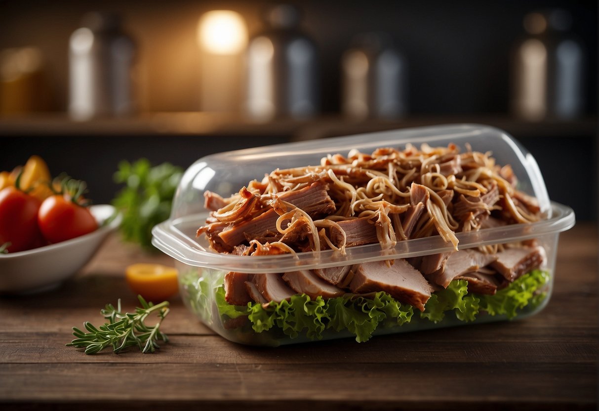 A container of pulled pork sits on a shelf, labeled with a "Use By" date. The meat is surrounded by airtight packaging and kept at a cool temperature to extend its shelf life