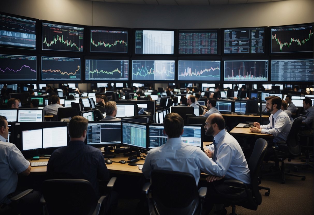 Multiple computer screens displaying stock charts and financial data. A busy trading floor with traders communicating and analyzing market trends