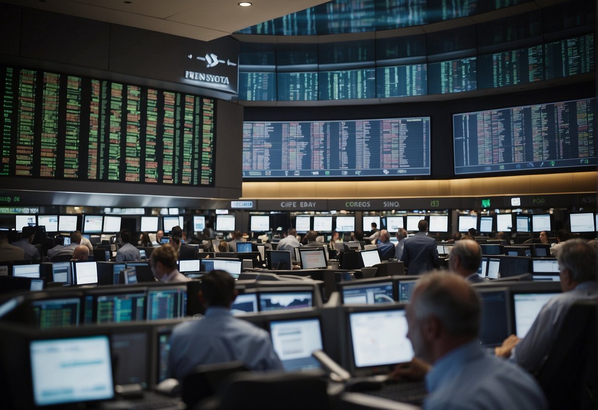 A bustling stock exchange floor with traders analyzing screens and making quick decisions. Tension and excitement fill the air as numbers fluctuate rapidly