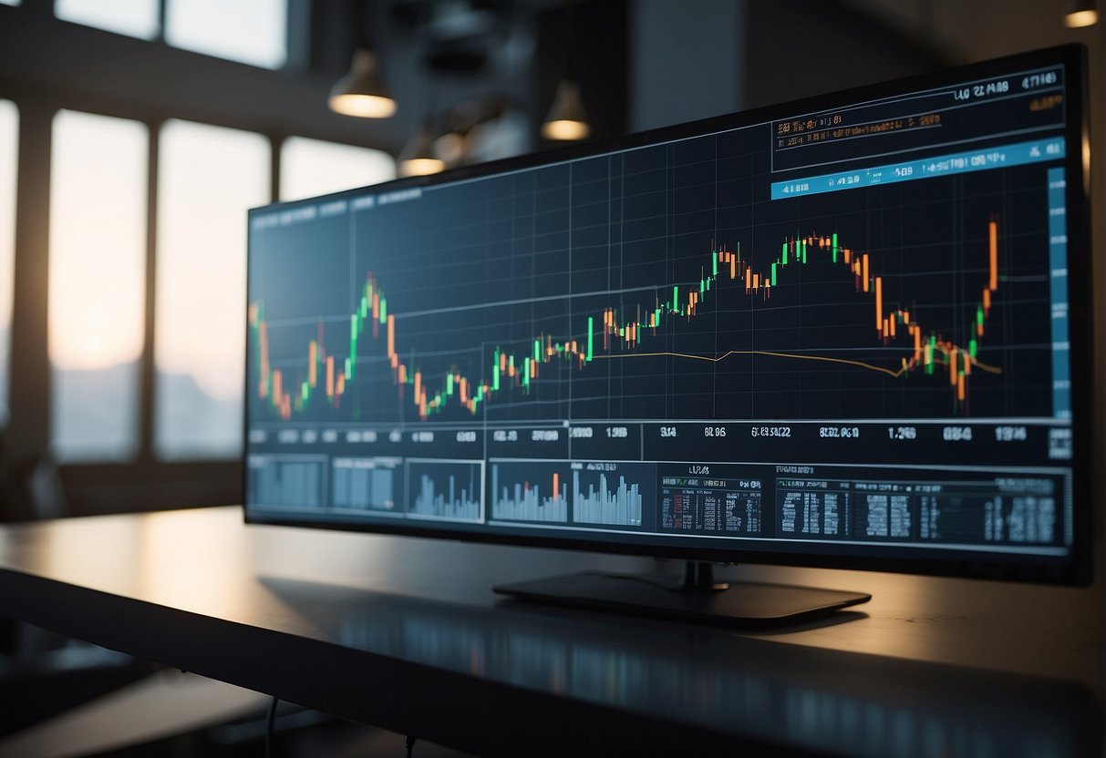 A group of stock charts and graphs are displayed on a large screen, with various trend lines and indicators showing market performance and potential future prospects