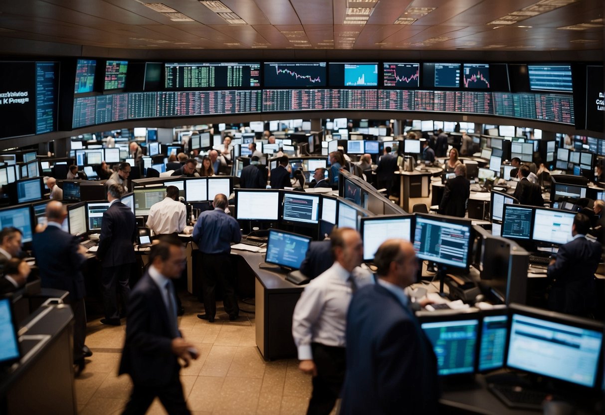 A bustling stock exchange floor with traders making high-stakes deals, charts and graphs showing potential future gains, and the concept of leverage being visually represented