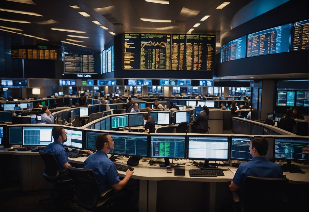 A bustling stock exchange floor with traders analyzing data on screens and discussing regulations and compliance