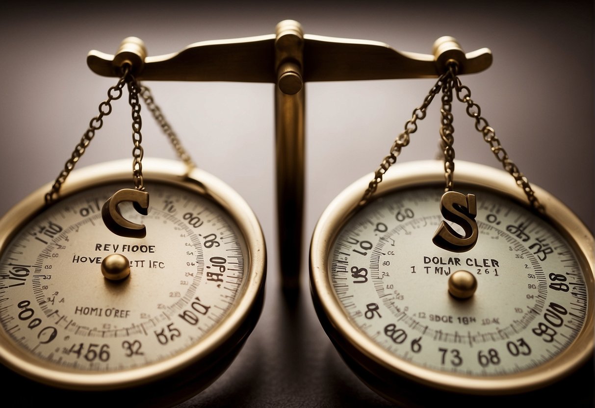A scale with two sides: one labeled "Dollar-Cost Averaging" and the other "Market Timing." A question mark hovers above, surrounded by smaller question marks