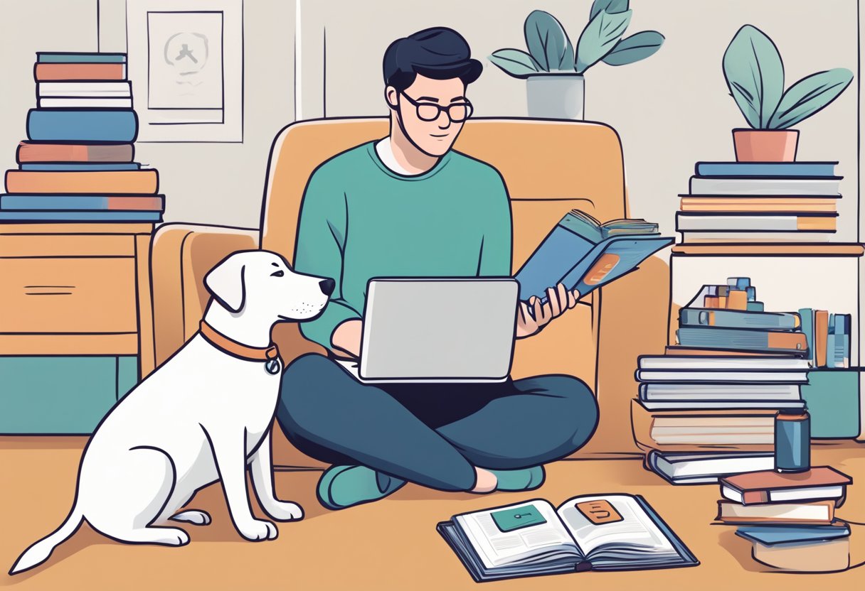 A pet owner watching an online pet first aid training video with a dog at their side, surrounded by pet health books and a first aid kit