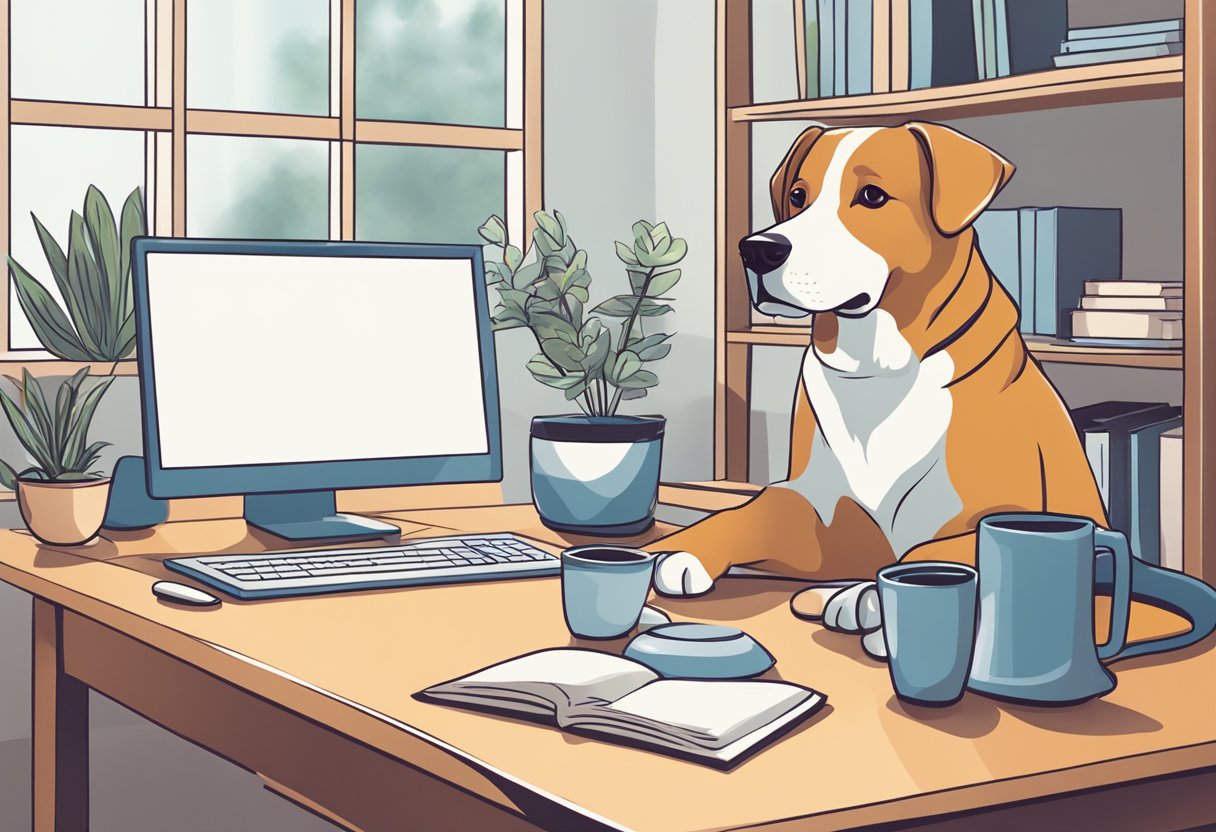 A pet owner sits at a computer, researching veterinarians online. A happy and healthy pet is by their side, symbolizing the importance of finding the right veterinarian for their furry friend