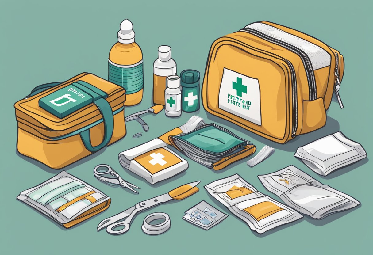 A pet first aid kit open on a table with bandages, scissors, and a pet first aid manual next to it
