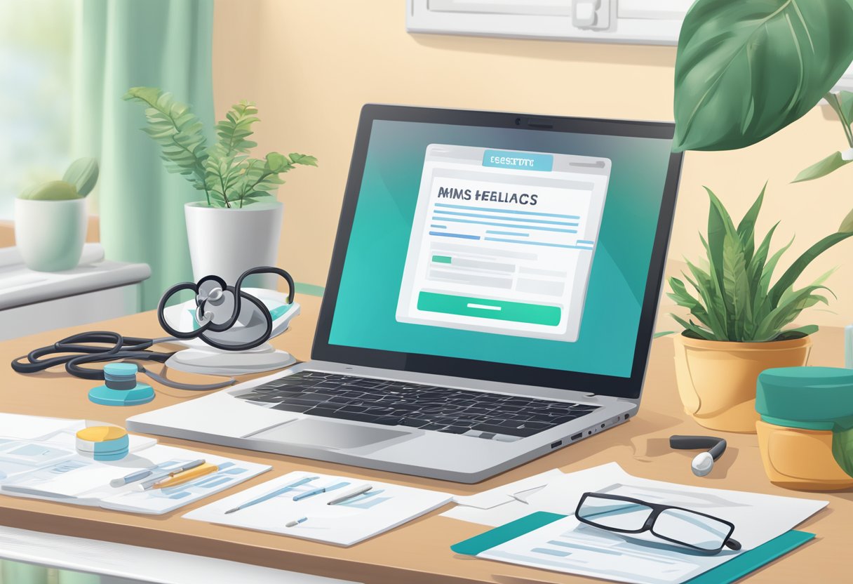 A laptop displaying a pet health consulting website with prescription medications and a stethoscope on a desk