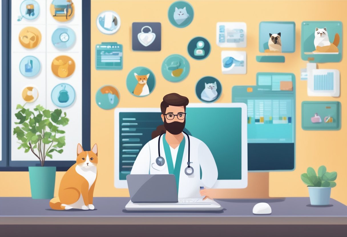 Veterinarian consulting online with pet owner. Medical equipment and pet supplies in the background. Online platform interface visible on computer screen