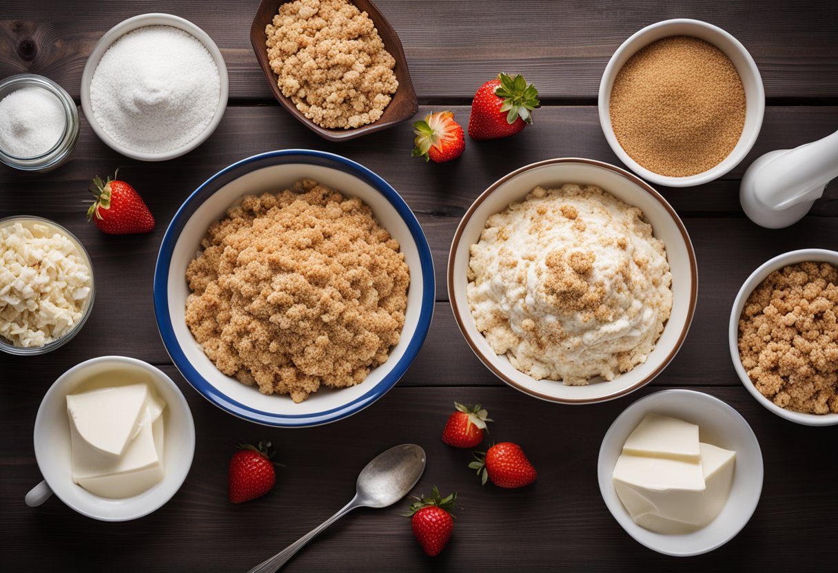 A table set with graham cracker crumbs, cream cheese, strawberries, and sugar. A mixing bowl, hand mixer, and pie dish are ready for use