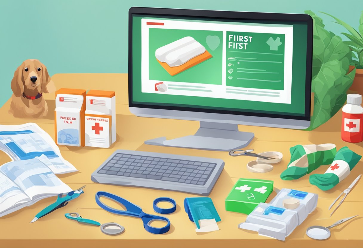 A table with various first aid items: bandages, scissors, gloves, and a pet first aid manual. A computer screen shows an online pet first aid training course