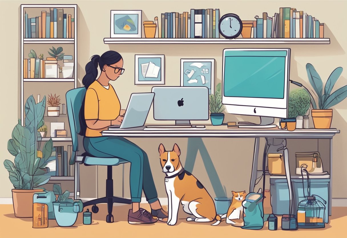 A pet owner sitting at a computer, surrounded by pet care books and supplies, engaging in an online consultation with a veterinarian