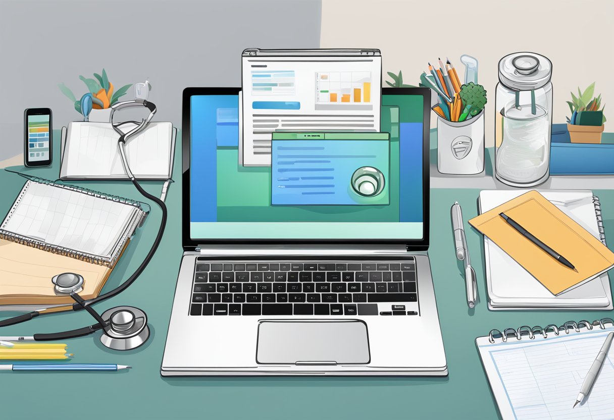A laptop open on a desk, with a pet health website displayed. A stethoscope and a notebook with "consulting notes" written on the cover are nearby