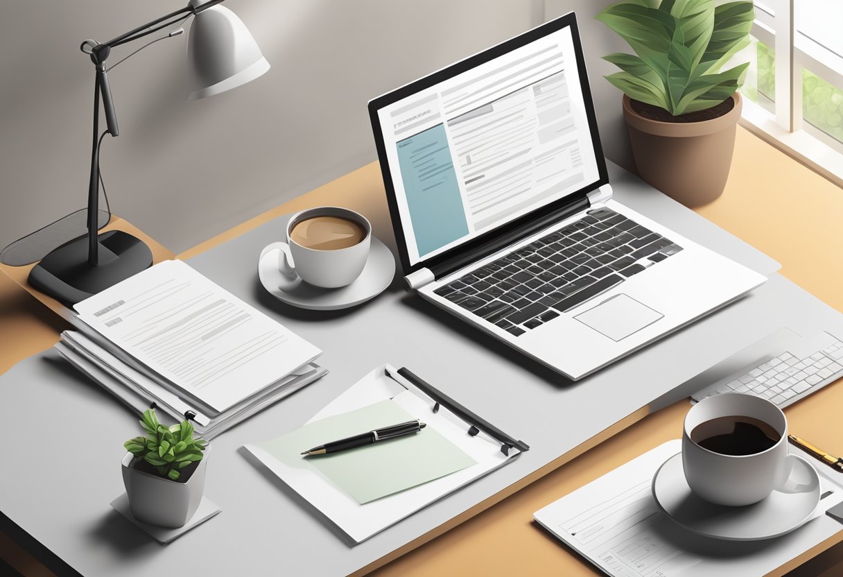 A desk with a laptop, pen, and paper. A job application form and a printed resume are neatly arranged on the desk. A cup of coffee and a potted plant add a touch of warmth to the scene