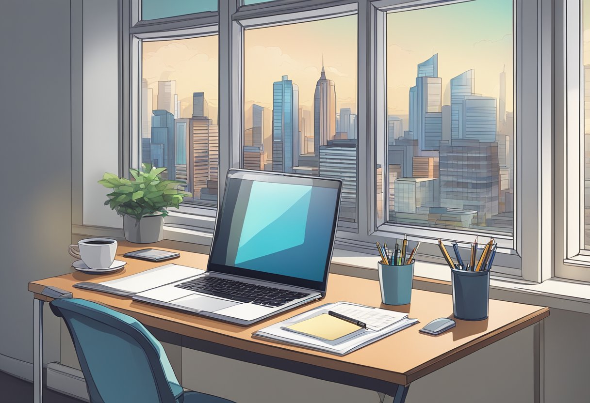 A desk with a laptop, pen, and paper. A job application letter is being written. A window shows a city skyline in the background