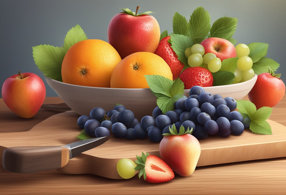 Fresh fruits arranged on a wooden cutting board, with a knife and bowl nearby. Ingredients include strawberries, apples, oranges, and grapes