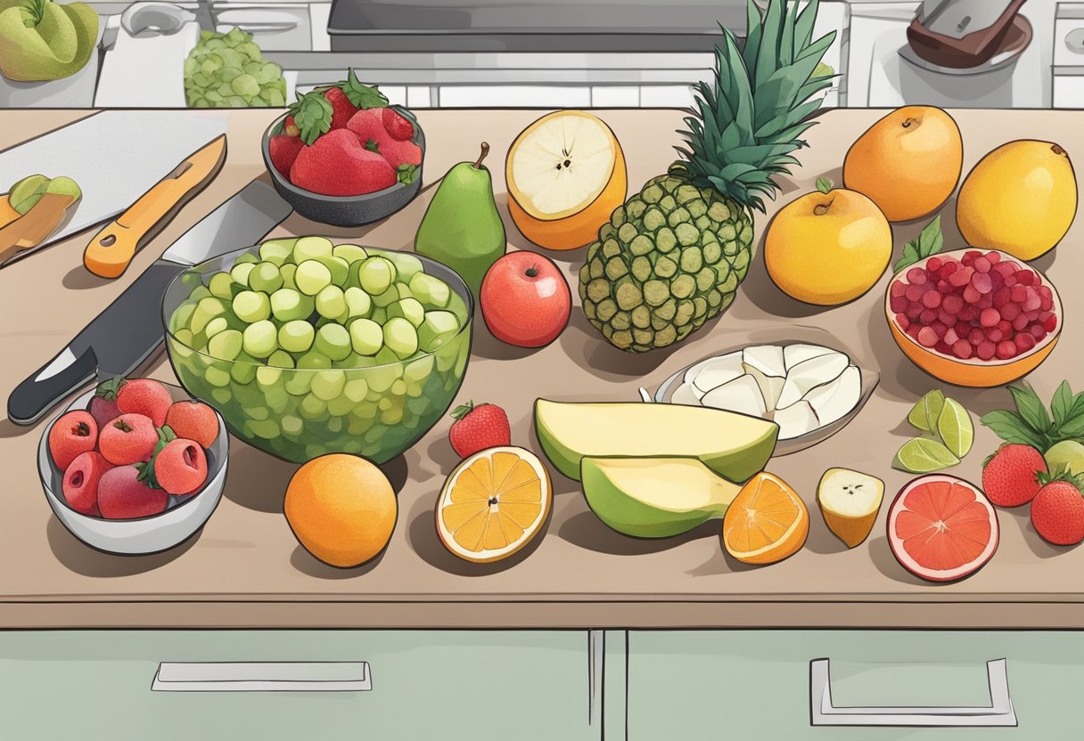 Fruit salad ingredients laid out on a clean kitchen counter, with a cutting board, knife, and various fruits ready to be chopped