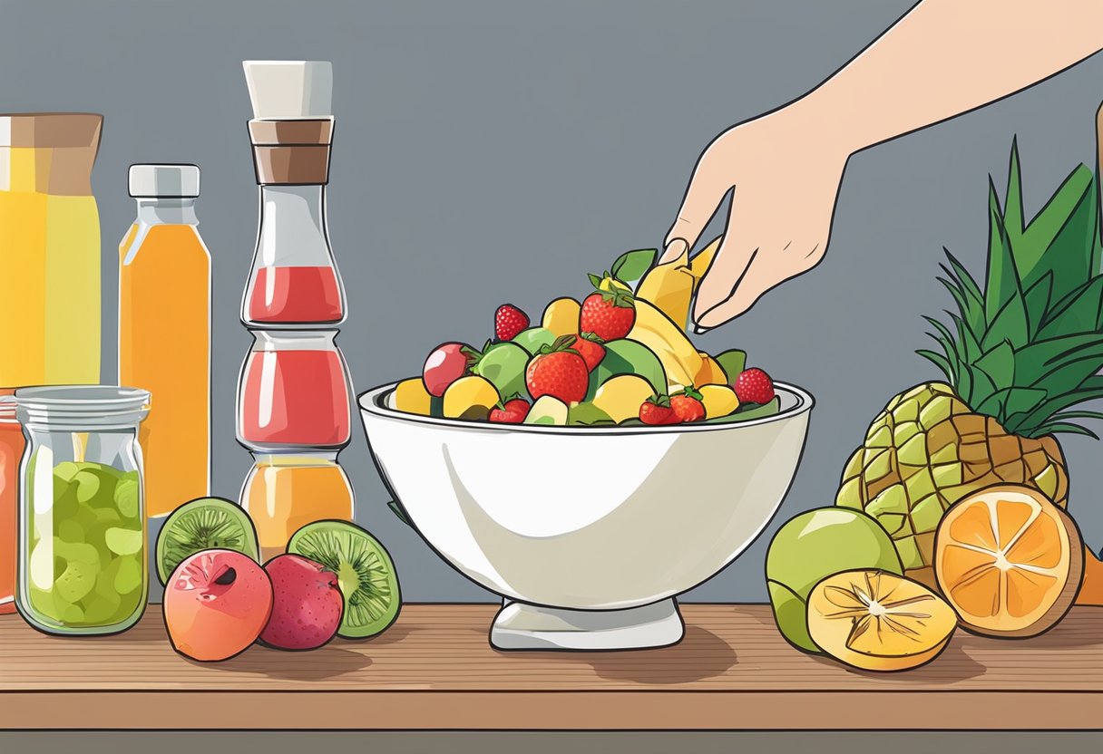 Fruit salad being made: chopping various fruits, mixing in a bowl, adding dressing