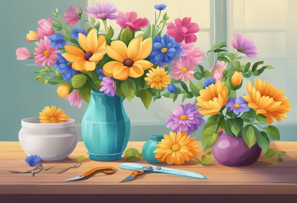 A table with various colorful flowers, scissors, and a vase