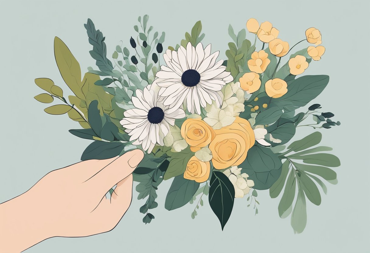 A hand arranging various flowers and foliage into a bouquet, using basic techniques