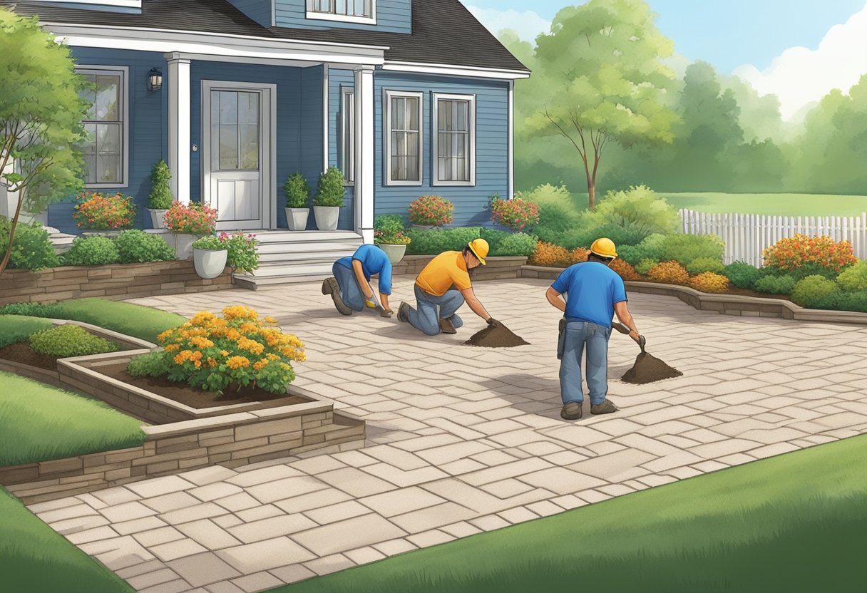 A crew lays down sand, arranges pavers, and secures them with edging to create a patio and walkway in a lush, landscaped yard