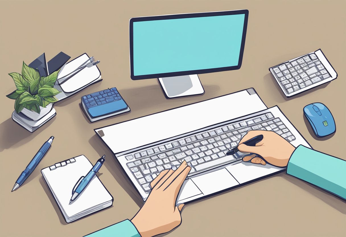 A desk with a computer, mouse, and keyboard. A hand holding a pen and paper with "Twibbon" written on it