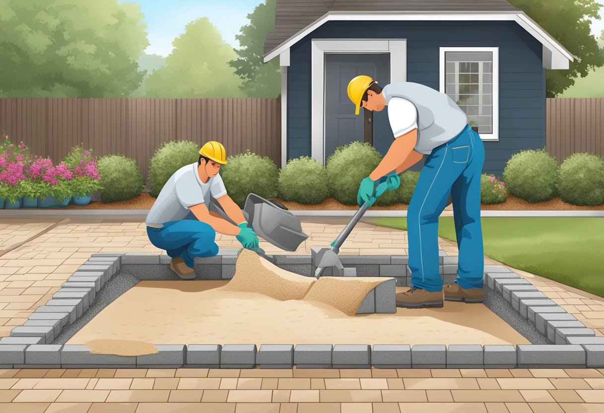 A landscape with a crew laying pavers in a yard, compacting the base, laying the pavers, and filling in the gaps with sand for a finished patio or walkway