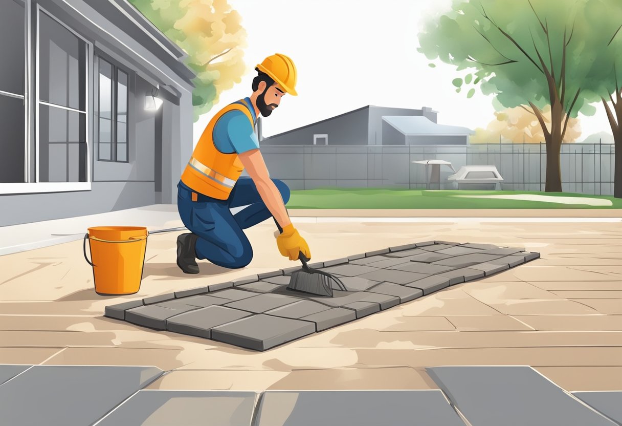 A landscaper lays down pavers, smoothing the surface with a level. Another waters the freshly laid stones, while a third sweeps sand into the cracks