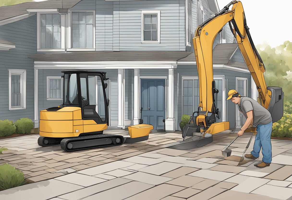 A professional crew lays pavers in a neat, organized manner, using heavy machinery and precision tools. Meanwhile, a homeowner struggles with DIY paver installation, surrounded by scattered materials and uneven surfaces