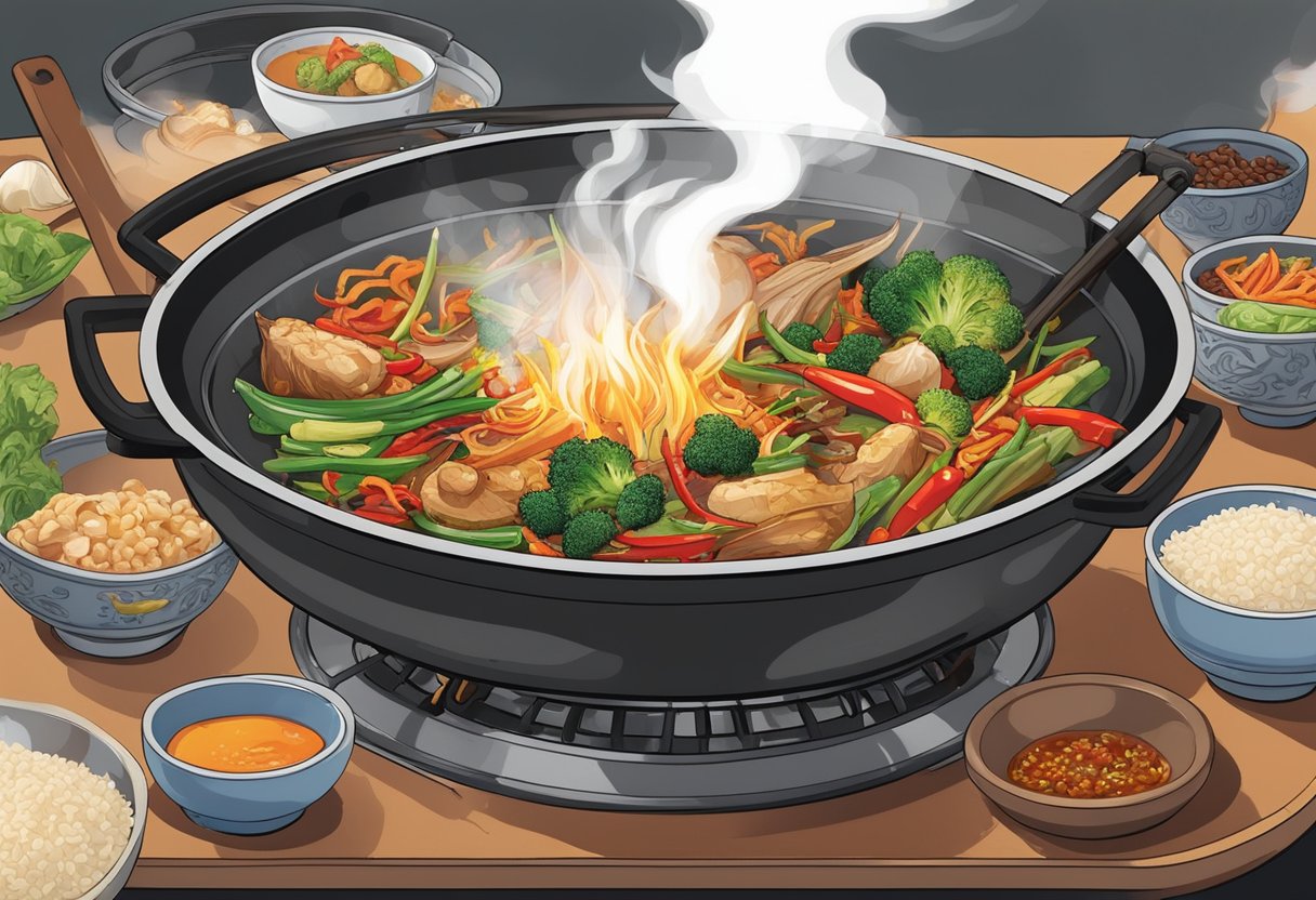 A wok sizzles over a hot flame, as garlic, shallots, and chili are sautéed. Cooked rice is tossed in, along with soy sauce, kecap manis, and a medley of vegetables and protein