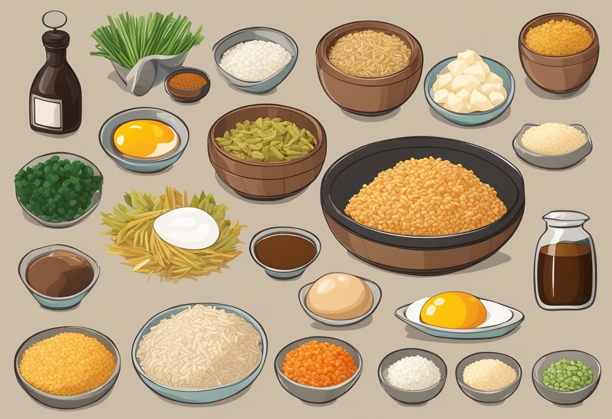 A table with ingredients for making nasi goreng: rice, vegetables, eggs, soy sauce, and spices