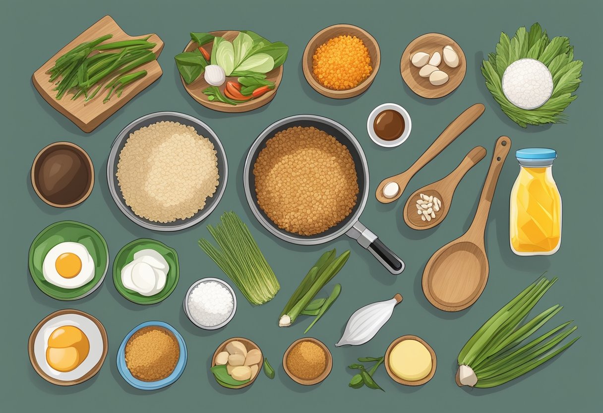 Ingredients and cooking utensils laid out on a kitchen counter for making nasi goreng