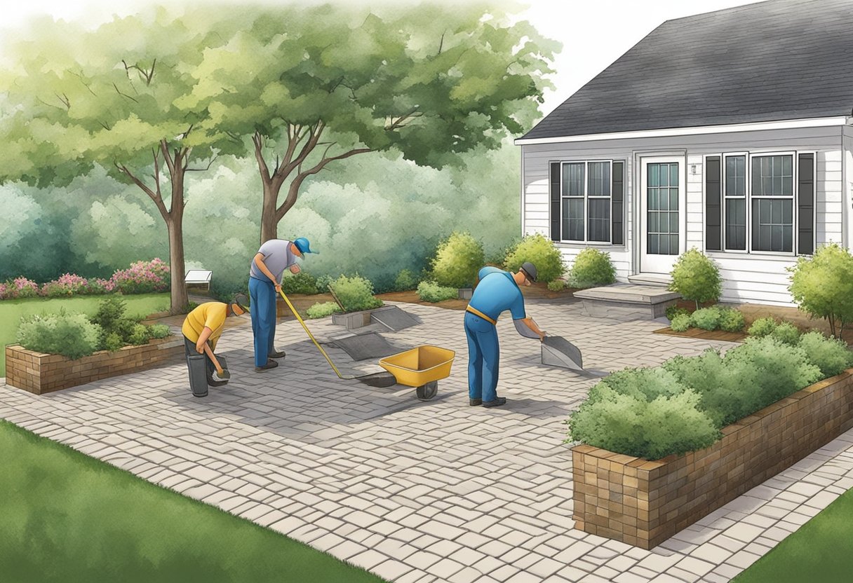 A crew lays pavers in a backyard, creating a patio and walkway. Surrounding plants and trees add natural beauty to the landscaped area