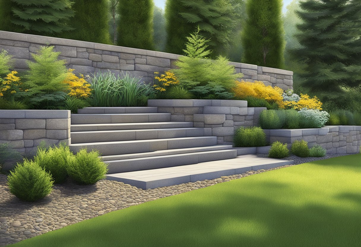 A retaining wall stands tall in a landscaped garden, blending functionality with aesthetic design. It supports the earth and adds visual interest to the outdoor space