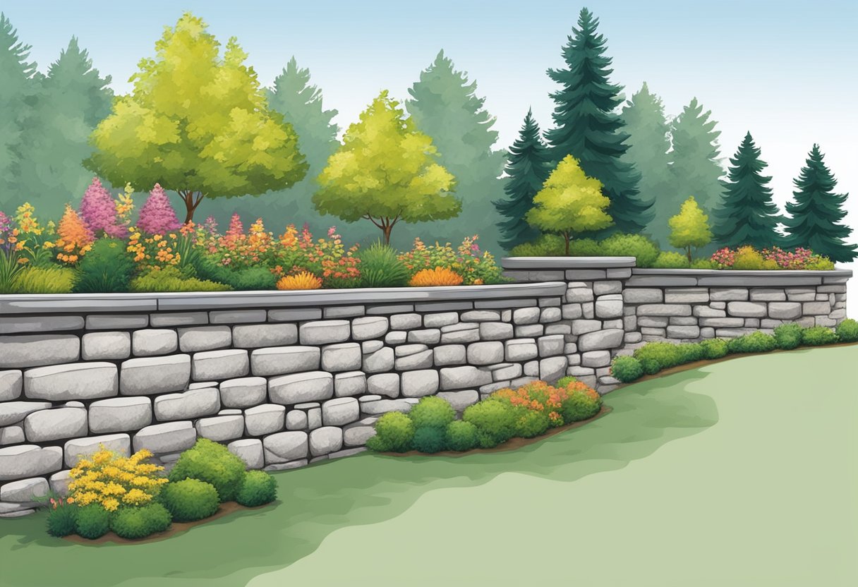 A retaining wall stands tall, adorned with decorative enhancements. The wall seamlessly blends functionality with aesthetic appeal in the landscape design