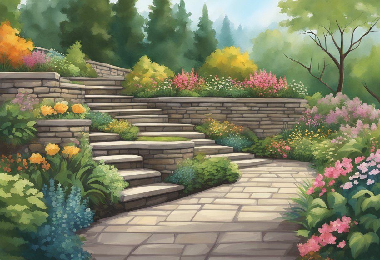 A retaining wall stands tall, blending functionality and beauty in the landscape. It supports the earth, adorned with greenery and flowers, adding charm to the outdoor space